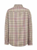 Camisa de manga larga con estampado de cuadros en tonos beige, rosa y gris. Tiene cuello camisero, cierre con botones y dos bolsillos con solapa en el pecho.