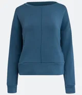 Buzo deportivo azul de modal, con cuello redondo, manga larga, sisa desplazada y recortes. Ideal para actividades físicas y uso casual.