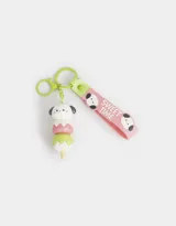 Llavero con dije de helado apilable con forma de perrito, con mosquetón metálico y correa de silicona rosa con estampado de caritas de perro y la frase "Sweet Time".