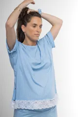 Pijama de algodón color verde agua, compuesto por una remera de manga corta con detalle de puntilla elastizada en el ruedo y broches a los costados para amamantar, y un short con elástico y lazo ajustable en la cintura.