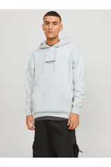 Canguro gris melange de manga larga con capucha, corte relajado y bolsillo tipo canguro. Estampado en relieve con efecto tridimensional.