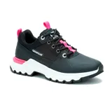 Championes Caterpillar Colorado Sneaker Lo, color negro con detalles en rosa, capellada de cuero y nylon, forro de malla de nylon suave y transpirable, plantilla de espuma acolchada, entresuela de EVA duradera y liviana, suela de goma duradera y con gran tracción.
