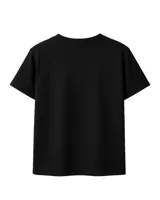 Remera negra lisa de algodón, con cuello redondo y mangas cortas.