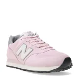 Championes urbanos New Balance modelo 574, color rosa con detalles en gris y blanco, confeccionados en gamuza y malla, con logo "N" característico en los laterales y entresuela ENCAP.