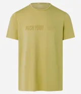 Remera deportiva color verde claro, de cuello redondo y manga corta, con estampa frontal con la frase "Push Your Limits" en letras de gel.