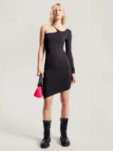 Vestido corto negro ajustado con hombro asimétrico, una manga larga y tirante con logo Tommy Jeans.