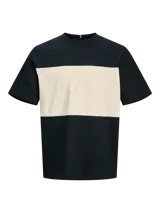 Camiseta de hombre con cuello redondo y mangas cortas, color azul marino con bloque horizontal color crema en el pecho y logo 'Originals' bordado.