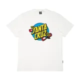 Remera blanca de manga corta con un estampado central del logo de Santa Cruz Skateboards, que incluye las palabras "SANTA CRUZ" sobre un fondo circular azul, con ruedas de skate rojas y amarillas.
