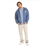 Canguro azul con cierre frontal completo, capucha ajustable con cordón, bolsillo tipo canguro y logo de la marca estampado en el pecho.