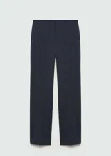 Pantalón de vestir negro con finas rayas verticales blancas, de tiro alto y corte recto.