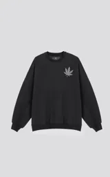 Buzo negro de corte holgado con bolsillo con cierre en la manga y estampado de hoja de cannabis en el pecho.