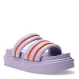 Sandalias de plataforma color lila con tiras acolchadas y detalles en naranja.