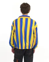 Campera ligera con cierre frontal y bolsillos. Confeccionada en tela de microfibra con diseño a rayas en sublimación.