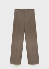 Pantalón de vestir marrón con estampado de pata de gallo, corte recto y tiro medio.