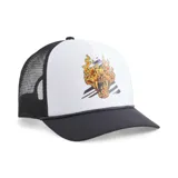 Gorro blanco y negro con diseño gráfico frontal de llama, ajustable y de estilo moderno.
