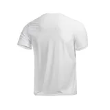 Remera deportiva blanca de manga corta con cuello redondo y estampado con la leyenda "RUN ON LIGHT RUNNING MY HEART IS RACING" en el pecho.