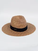 Sombrero de paja color crudo con cinta negra decorativa, ideal para proteger del sol.