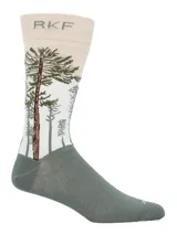 Calcetines largos con diseño de árboles en tonos verdes y grises sobre fondo beige.