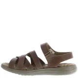 Sandalia de cuero marrón con múltiples tiras y ajuste con velcro.
