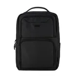 Mochila negra de formato cuadrado, con asa superior y múltiples compartimentos frontales con cierre.