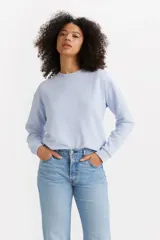 Buzo celeste liso de corte clásico con cuello redondo y logo pequeño bordado en el pecho.