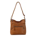 Bandolera de símil cuero color negro, con dos bolsillos frontales con cierre y detalles de tachas metálicas. Posee un bolsillo trasero y tres bolsillos internos. Incluye correa larga regulable.