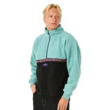 Canguro de polar multicolor con cierre parcial, cuello alto y puños elásticos. Presenta un diseño de bloques de color en tonos celeste y negro, con una banda estampada en el pecho y logo bordado.
