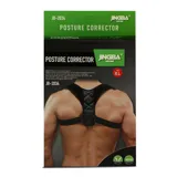 Corrector de postura negro con tirantes ajustables y soporte lumbar.
