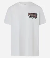 Remera blanca de algodón con estampa en la espalda de perros vestidos como gangsters y la frase "Beware of Dog".