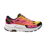 Championes de trail running Hoka Mafate X, con capellada multicolor en tonos rosa, naranja y amarillo, entresuela blanca con tecnología Vibram y suela negra.