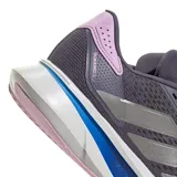 Championes de running Adidas Duramo SL 2, color gris oscuro/morado con detalles en azul eléctrico, plateado y rosa pálido. Presentan una malla transpirable en el upper y una suela gruesa con tecnología Lightmotion.