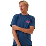 Remera azul de manga corta con logo Rip Curl estampado en el pecho en color rosa.