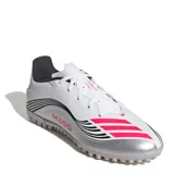 Championes de fútbol Adidas F50 Messi Club TF, diseño unisex en blanco, rojo, negro y plateado.
