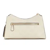 Bandolera Guess color crema con estampado de flores en relieve, correa de hombro ajustable y charm colgante.