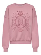 Sudadera rosa con cuello redondo, mangas largas con hombros caídos, puños y dobladillo elásticos. Estampado frontal con diseño de tigres, diamante y texto 'N.Y.L.C. Noble Youth Leisure Club'.