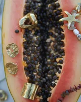 Collar de alpaca con cuentas de labradorita, jaspe rojo y cuarzo lima. Incluye una estrella de mar realizada a mano y una perla de río natural.