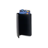 Tarjetero compacto negro de cuero sintético con sistema anti clonación y caja de aluminio incorporada para guardar tarjetas. Incluye espacio para documentos y billetes.