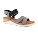Sandalias Skechers Beach Kiss con plataforma de yute, tiras cruzadas de tela gris y ajuste con velcro en el tobillo.