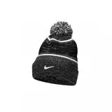 Gorro de punto con pompón extraíble, color negro y detalles en blanco, diseñado para proporcionar calidez en climas fríos.