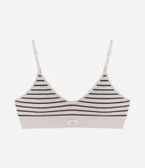 Soutien tipo top de tejido acanalado, color beige con rayas horizontales finas en negro. Posee escote en V profundo, breteles finos ajustables y copas desmontables.