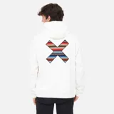 Buzo hoodie blanco de corte clásico con logo estampado en el pecho.