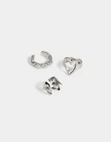 Set de tres aros cuff plateados con forma de corazón y Hello Kitty.