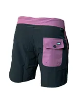 Short de baño azul con cintura gris y cordón ajustable.