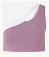Top deportivo de microfibra color lila con detalle bicolor blanco, hombro único, escote asimétrico y gota vazada.