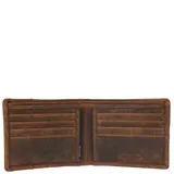 Billetera marrón de cuero y canvas engrasado, con ocho ranuras para tarjetas, tarjetero extraíble con dos bolsillos y ventana, forro interior de poliéster reciclado y tecnología RFID.