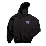 Canguro negro con capucha y bolsillo frontal, con estampado de un cassette en el pecho.