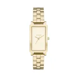 Reloj Skagen Hagen Lille con caja rectangular dorada de acero inoxidable y malla metálica dorada. Esfera dorada con agujas e indicadores minimalistas. Resistente al agua hasta 30 metros.