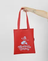 Bolso tipo tote de tela color rojo con asas al tono y estampado celeste de una sirena con el texto "Montevideo Uruguay".