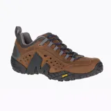Zapato de senderismo Merrell Intercept de cuero marrón con forro de malla transpirable, lengüeta con fuelle, puntera resistente a la abrasión, plantilla anatómica Ortholite, cámara de aire Merrell Air Cushion en el talón y suela Vibram.