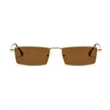 Lentes de sol rectangulares unisex con marco dorado y lentes marrones.